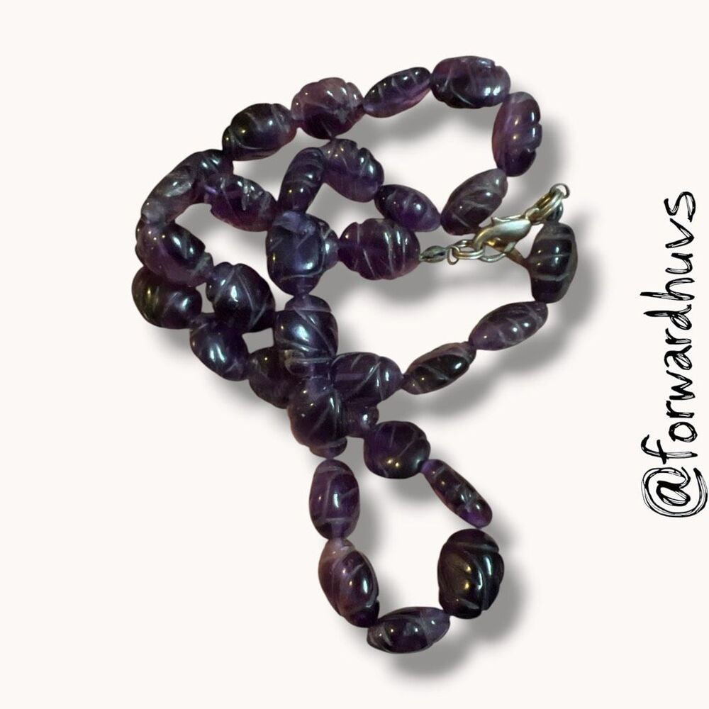 Vintage Carved Amethyst Gemstone Bead Necklace Purple 18” Silver Tone Clasp - Picture 2 of 8